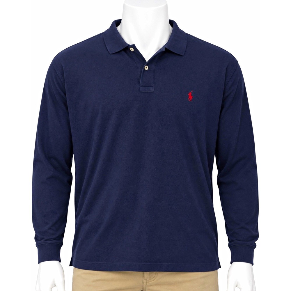 POLO RALPH LAUREN Men's Navy Solid Cotton Knit Long Sleeve Polo XL Emb Logo